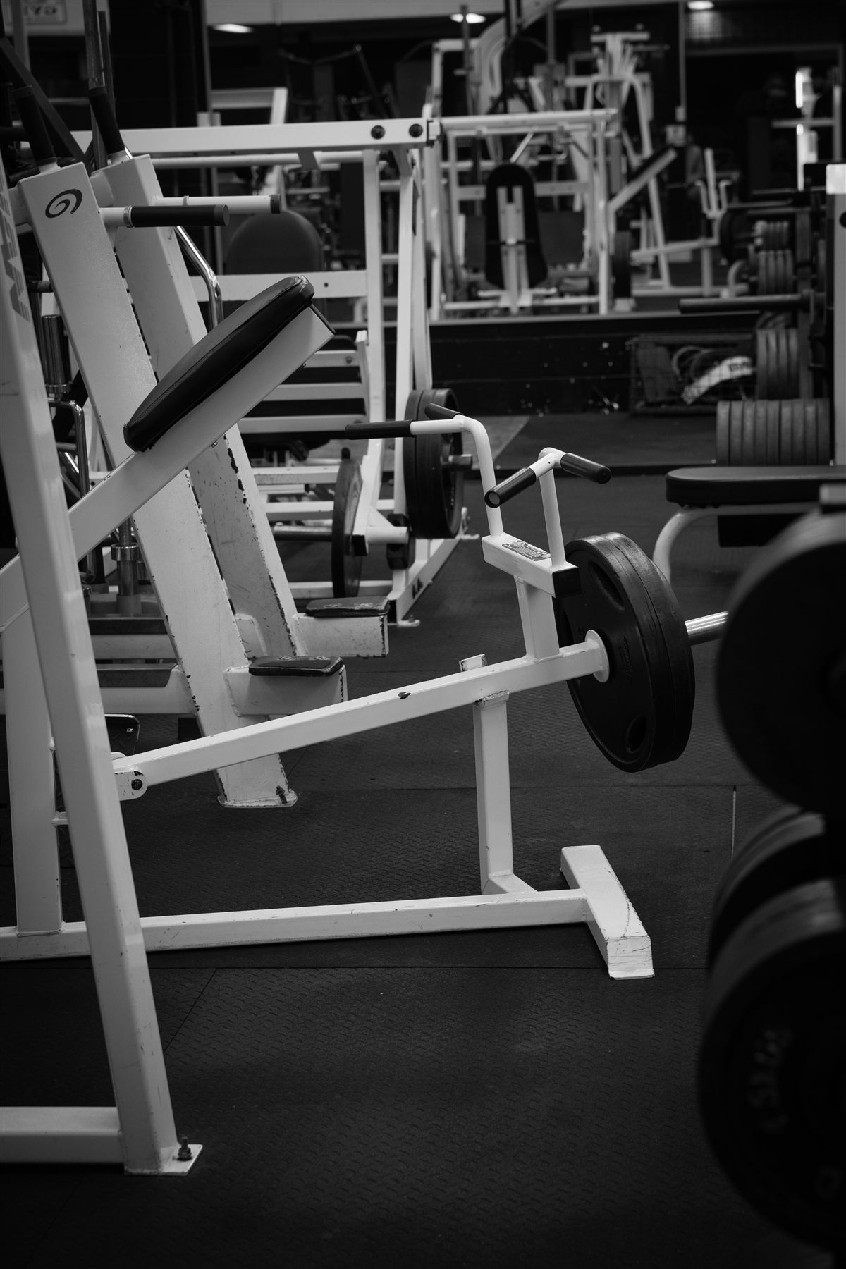 Close view of plate-loaded strength equipment