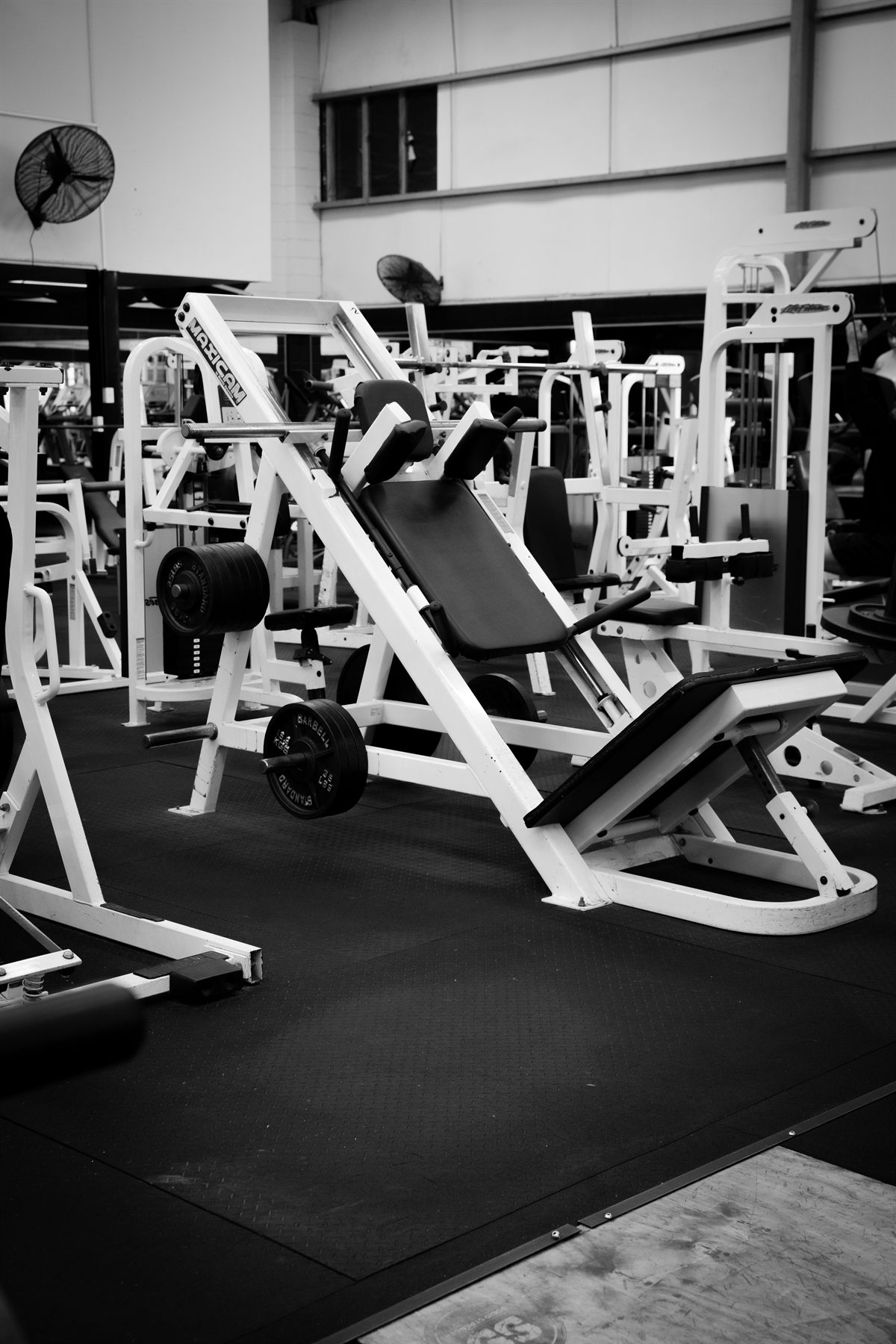Plate-loaded strength machine on the gym floor